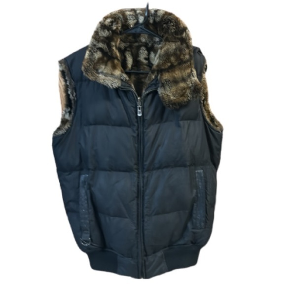 Sean John vest Y2K Faux Fur Reversible full front zip black brown tan Medium - Picture 7 of 16